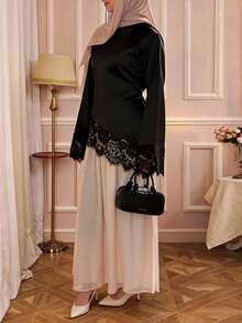 New Arrival Plus Size Women's Fashion Elegant Lace Patchwork Long Sleeve T-Shirt Black - Black - View 1