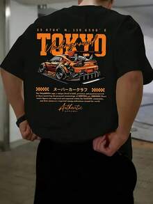 Men's Short Sleeve T Shirt,Printed With Heat-Transfer Racing Car Patterns And English Graphics,Fashionable Casual Round-Neck Top,Spring And Summer Out - 黑色 - 查看 8