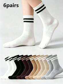 1/6 Pairs Women's Solid Color Striped Mid-Calf Socks, Soft Breathable Comfortable Casual Sports Socks, Suitable For Daily Wear, Back To School, All Seasons - Multicolor - View 6