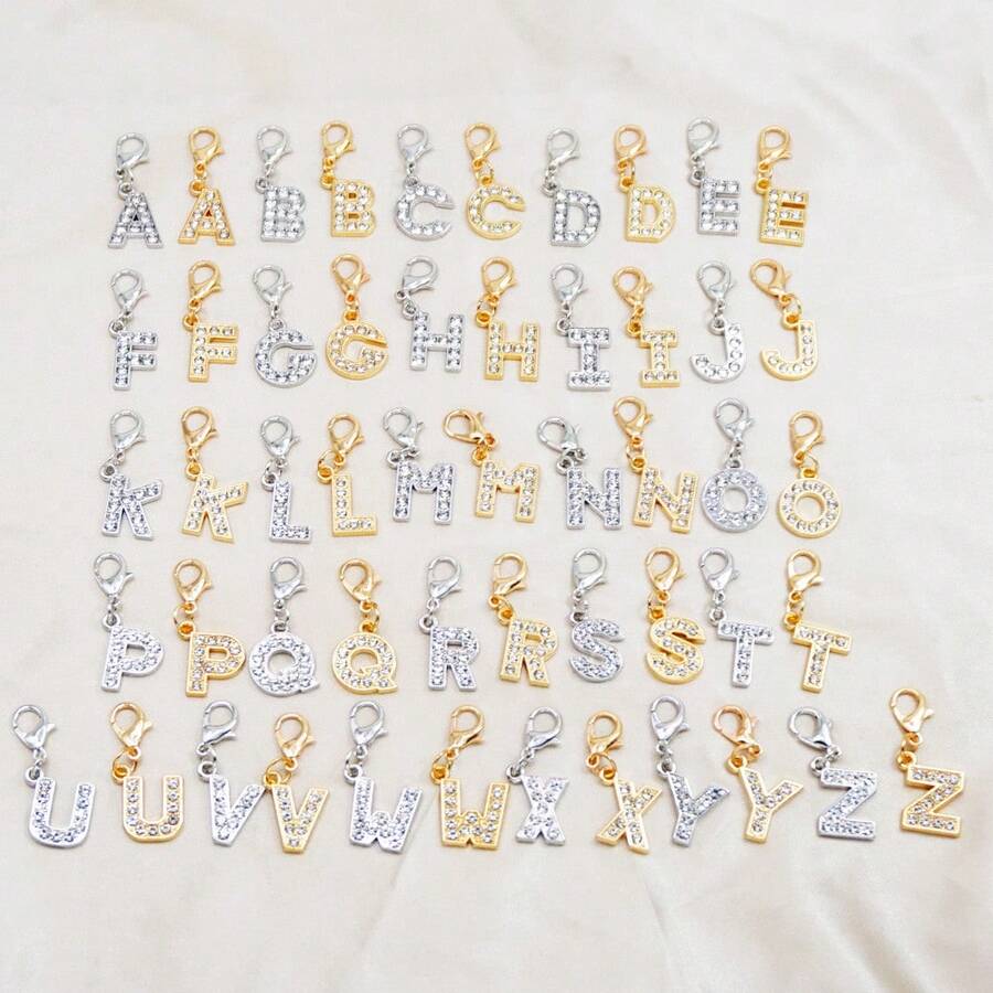 1 Set 26pcs A-Z Rhinestone Letter Charms, English Alphabet Pendants With Lobster Clasp For Bracelet Necklace Keychain DIY Jewelry Making
