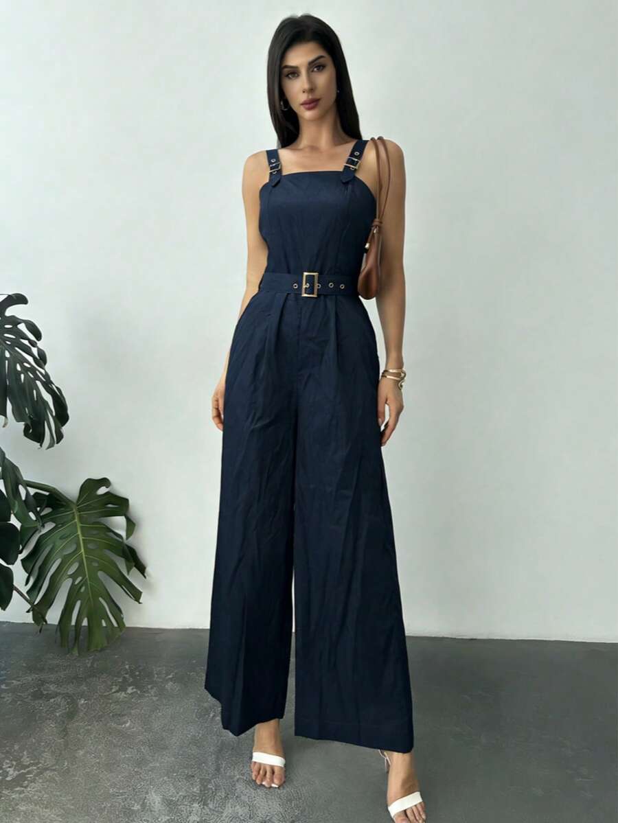 Mono de pierna ancha con tirantes ajustables para mujer - Tirantes de hombro ajustables, diseño fruncido en la espalda - azul real - Ver 1