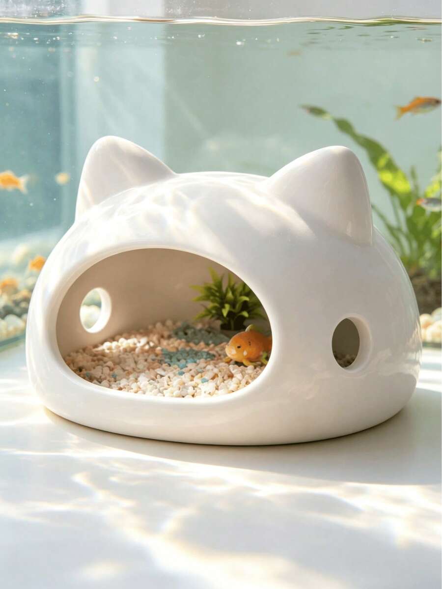 1件白色水族箱卡通貓耳躲藏洞穴，多孔魚蝦庇護所，魚缸鬥魚蝦蟹繁殖巢，水族造景裝飾鏤空擺飾
