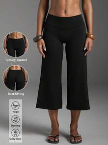 High Waist Wide Leg Capri Pants, Casual Pure Black Loose Capri Pants, Comfortable Slimming And Versatile Sports - Black - View 3
