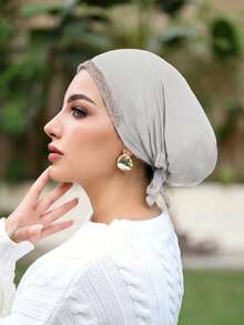 1 pieza Gorro de lazo musulmán de unicolor con pedrería para mujer, pañuelo versátil para envolver la cabeza, adecuado para uso diario - 005-Gris claro - Ver 4