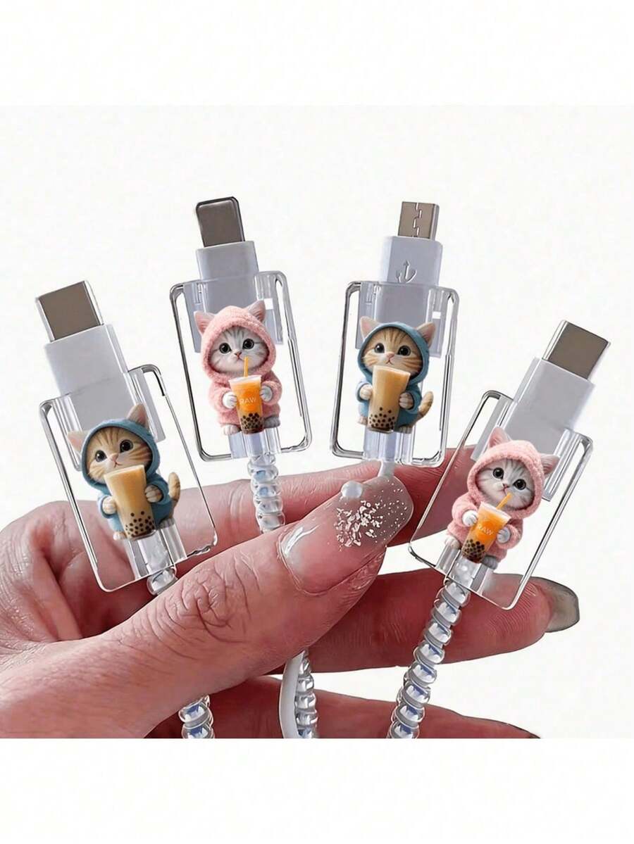 4件裝療癒可愛貓咪數據線保護套,適用 Apple 20W Type-C 快充充電器,高透明度、長效不泛黃、耐污,精準開孔方便插拔,可愛療癒寵物風,送女友的數位禮物 - 2粉紅毛衣+2藍衣(奶茶貓) - 查看 1