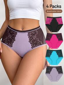 4pcs Women's Plus Size Mid-Waist Lace Panties, Contrast Color Triangle Briefs, Comfortable & Soft - Multicolor - View 1