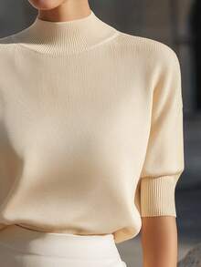 Women's Crew Neck Solid Color Off-Shoulder Short Sleeve Loose Casual Knit Top, Minimalist Elegant French Style, Fashionable Versatile Essential For Daily, Commute And Vacation Outfits Summer - Champagne - View 4