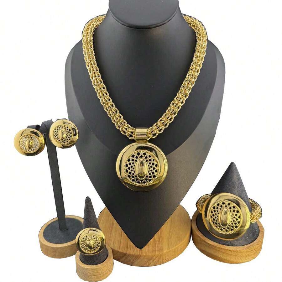 Set Perhiasan Emas Mewah Nigeria 18K, Kalung Rantai Tebal, Liontin Berongga Halus, Anting/Cincin/Gelang yang Serasi, Liontin Bulat Besar yang Halus