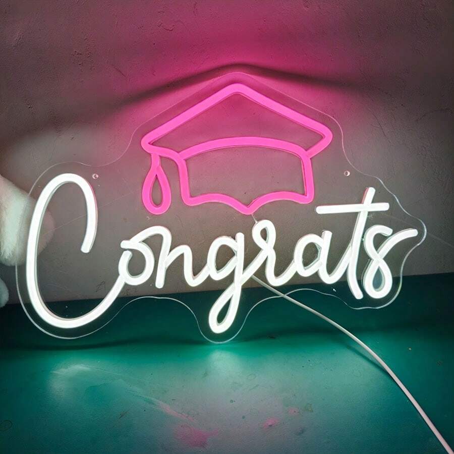 1pc Congrats Grad LED Neon Sign - USB Powered Dimmable Wall Decor With Graduation Cap And Champagne Glass Design, Script Style Lighting For Graduation Party, Home Office Celebration, Durable Plastic Construction, Graduation Decoration, Party Atmosphere Lighting, Decor, Factory Direct