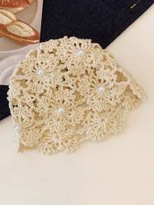 Gorro de mujer de moda hecho a mano con cuentas, pañuelo de cabeza de ganchillo calado de estilo vintage exótico para primavera/verano - Sombrero tejido - Ver 3