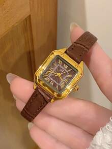 1 pièce Montre-bracelet à quartz ovale avec chiffres romains, style décontracté et élégant pour femmes, convient pour le port quotidien - Tabac - Voir 2