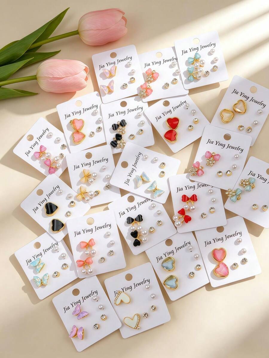 5 Sets (15 Pairs) Women's Rhinestone Stud Earrings Set, Minimalist Butterfly & Heart Shape Fashion Daily Wedding Party Jewelry, Gift For Girls