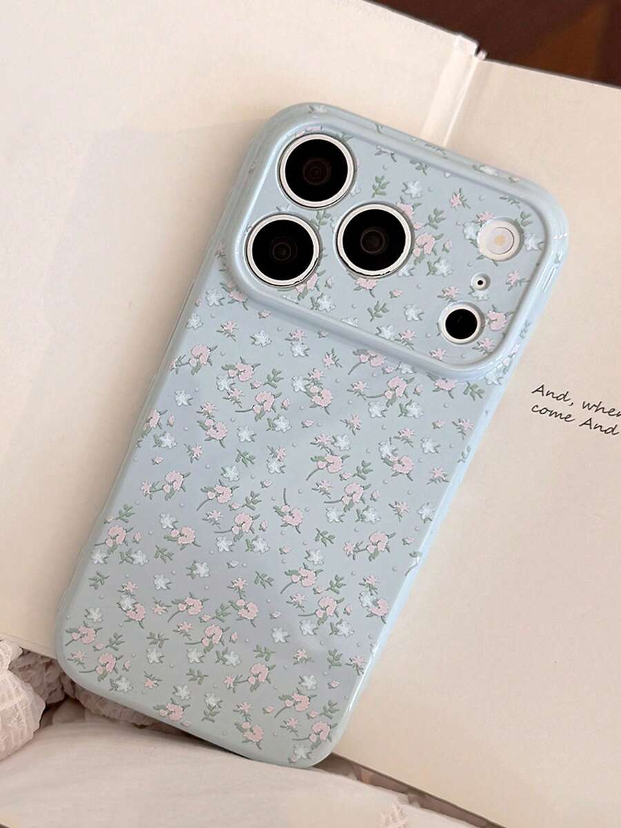 1pc Gentle Ins Style Floral Polka Dot Phone Case Compatible With IPhone 17 Pro Max, 16 Pro, 15, 14, 13, Fresh Girl Niche Design, Anti-Drop Soft Protective Cover, Korean Style - Blue - View 1