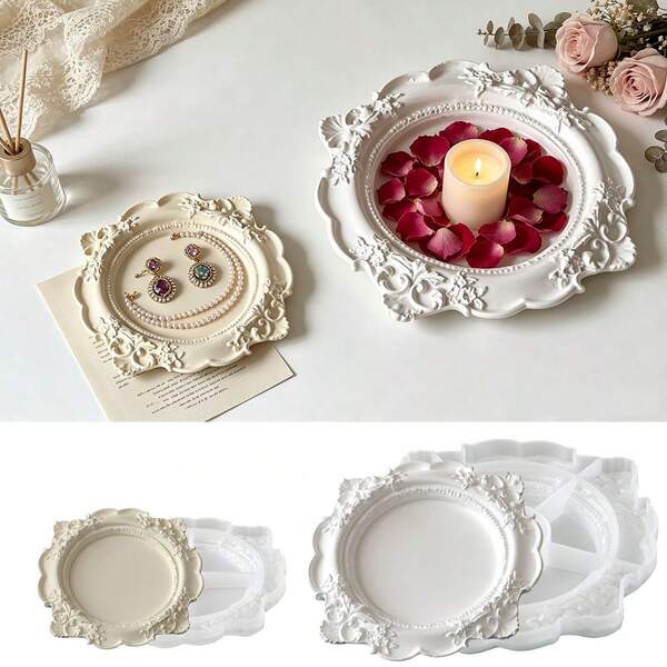 1 pièce Moule de plateau en dentelle vintage européen, moule en silicone pour coupelle d'aromathérapie en plâtre avec motif baroque gaufré