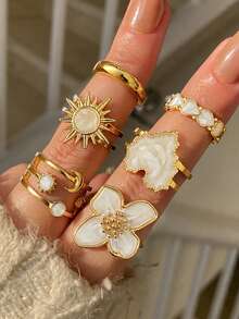 6pcs Fashion Minimalist Elegant Flower Heart Star Moon Sun Oil Drop Ring Set For Women, Holiday Date Party Ball Banquet Festival Birthday Gift, Daily Versatile (No Box) - Yellow Gold - View 1