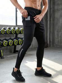 Men 2 In 1 Spring Autumn Football Basketball Training Long Pants Unique Print Outdoor Running Fitness Built-In Compression Drawstring Waist Black - Black - View 4
