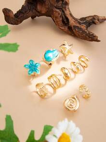 10pcs/Set Bohemian Vacation Style Oil-Drip Flower & Starfish Rings, Stackable Rings, Suitable For Daily And Vacation Wear, Holiday Gift - Yellow Gold - View 5