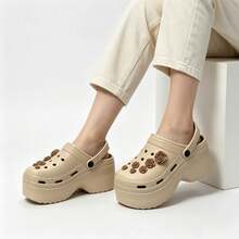 9cm Platform Wedge Clogs For Women, Simulated Rose Decor, Thick Sole, Breathable, 2-Way Wear, Non-Slip Beach Sandals - Khaki - View 5