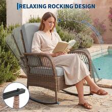 Hodeffior 3 Piece Rattan Garden Furniture Set With 2 Rocking Chairs And Glass Top Table, Outdoor Bistro Set With Cushions, Wicker Patio Conversation Set For Balcony Porch Conservatory Terrace - Grey - View 4