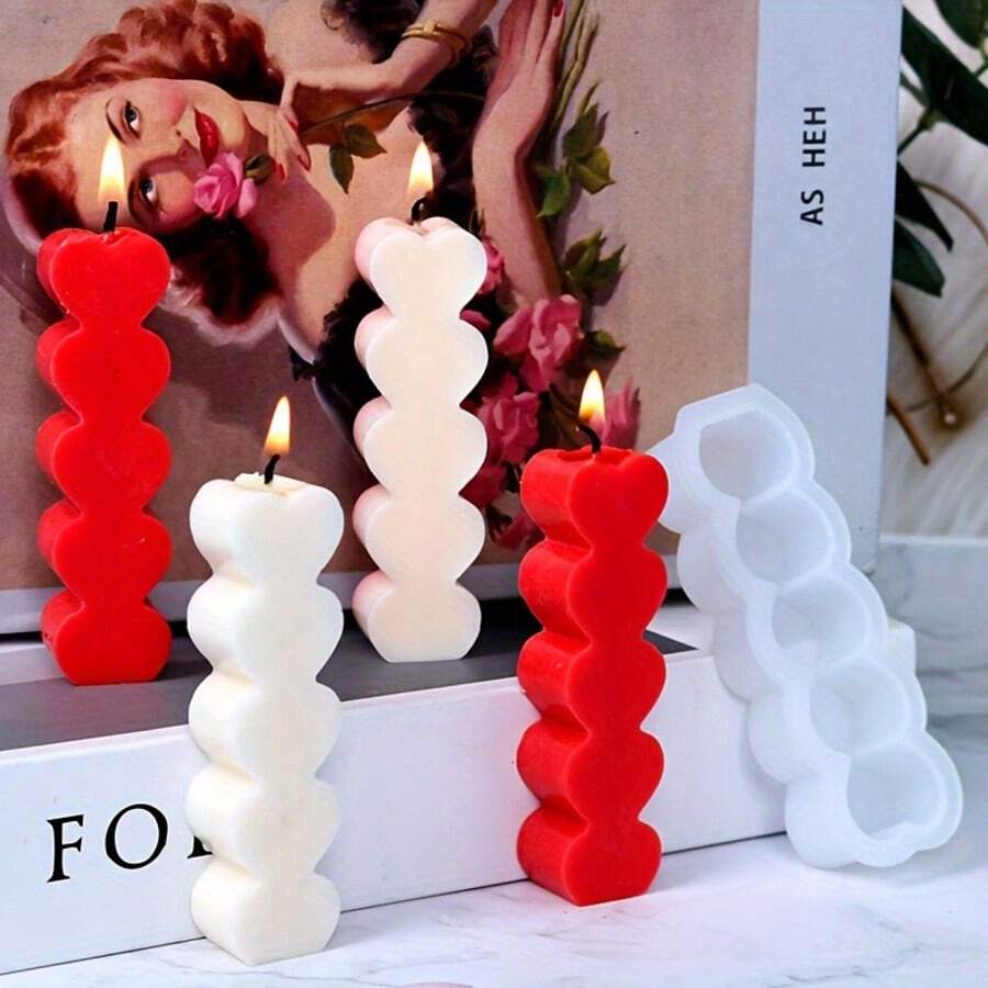 DIY Heart Candle Mold - 5-Cavity Silicone For Aromatherapy, Plaster & Resin Crafts - Home Decor Ornament Making Tool - White - View 1