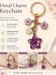 1pc Purple Floral Metal Keychain With Oil Drip Effect, Cute 5-Petal Flower Bag Charm, Student Back To School Gift, Car Accessory Pendant, Key Chain For Teachers, Moms, Friends Birthday Gift, Floral Jewelry, Back To School Gift, Halloween Gift - Purple - View 7