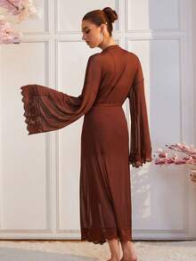 Women's Coffee Color Sheer Mesh V-Neck Lace Embroidered Long Sleeve Bustier Waist-Cinching Slit Long Dress Nightgown Set - Brown - View 5
