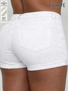 Shorts de mezclilla blanca talla grande, diseño con botones y bolsillos, tela elástica, adecuado para salidas diarias - Blanco - Ver 8
