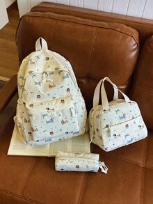 3件組時尚學院風蝴蝶結/狗狗印花背包套裝，包含背包、便當袋與鉛筆袋，附筆電隔層、可調節肩帶、多口袋大容量學生書包套裝，適合女生/青少年/大學生/畢業生日常使用/度假/旅行/開學 - 2260 - 查看 16