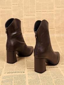 Elegant Pointed Toe Chunky Heel Brown Ankle Boots For Women, Autumn/Winter New Back Zipper Mid-Calf Boots - Brown - View 5