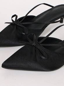 Black Satin Thin Strap Bow Pointed Toe Kitten Heel Mule Slippers Women's Low Heel Commuter All-Season Shoes - Black - View 11