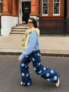 Light Blue Round Neck Soft Knit Loose Fit Slouchy Lantern Sleeve Slimming Autumn/Winter Gentle Sweater - Baby Blue - View 4