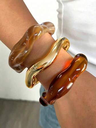 3/1pc Vintage Minimalist Women's Wave-Shaped Acrylic CCB Material Open Ring Bangle Set, Suitable For Daily Wear, Stackable, Perfect Holiday Gift Choice