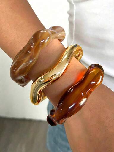 3/1pc Vintage Minimalist Women's Wave-Shaped Acrylic CCB Material Open Ring Bangle Set, Suitable For Daily Wear, Stackable, Perfect Holiday Gift Choice