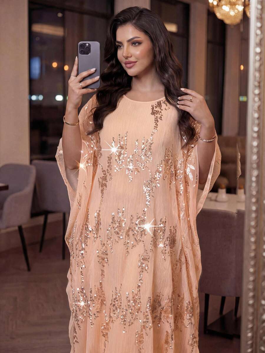 Auveirra Plus Size Women's Sequin Batwing Sleeve Loose Party Dress,Blush Pink,Summer,Country,Elegant,Formal,Wedding Ninang, Al-Adha Ceremony Outfits Vacation - Apricot - View 1