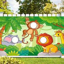 1pc Jungle Animal Backdrop, Monkey Lion Elephant Giraffe Role Play Party Game Photo Prop Decoration, Bonded Fiber Banner, Perfect Gift, Suitable - Jungle Animals - View 4