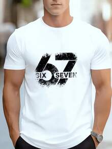 Herren Kurzarm-Print-T-Shirt, "Number 67" Lustiges Grafik-T-Shirt, Retro Rundhals-Freizeitoberteil, Leichtes Sommer-Sportshirt, Athletisches Bodycon-Shirt - Weiss - Übersicht 1