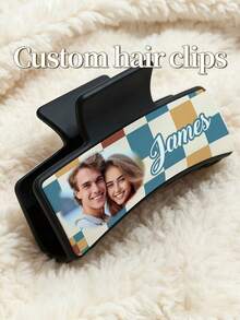 1pc Women's Personalized Customized Non-Slip Hair Clip, Custom Photo & Text Claw Clip, Fashion Minimalist Back Head Bun Claw, Square Printed Customized Photo Hair Clip, Temperature-Sensitive Hair Accessory, Suitable As Valentine's Day Gift, Daily Gift And Best Friend Gift - Multicolor - View 2