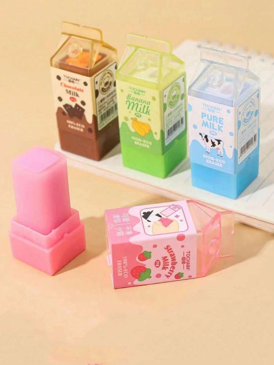 Milk Erasers, Cartoon Mini Banana Chocolate Milk Box Shaped, PVC Material, Suitable For Pencil Cleaning, Back To School Season, Student Graduation, Office Supplies - Style 1 - View 1