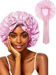 CONFLASS 1pc Women's Pink Printed Satin Sleep Bonnet With Long Ties, Butterfly & Floral Print, Elastic Wide Band Hair Wrap, Suitable For Sleep And Styling, Anti-Frizz, Fits Long Braids And Dreadlocks - Multicolor - View 14
