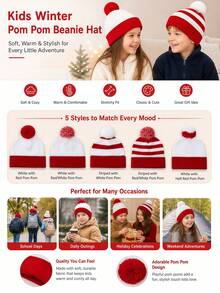 1pc 8-16 Years Old Christmas Red & White Fashion Striped Pom Pom Beanie, Warm & Cold-Proof, Suitable For Cold Winter, Boys & Girls - Multicolor - View 4