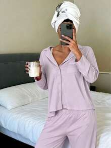 Nina Bonheur 2pcs Women Lapel Button Long Sleeve Top + Elastic Waist Pants Pajama Set - Purple - View 6
