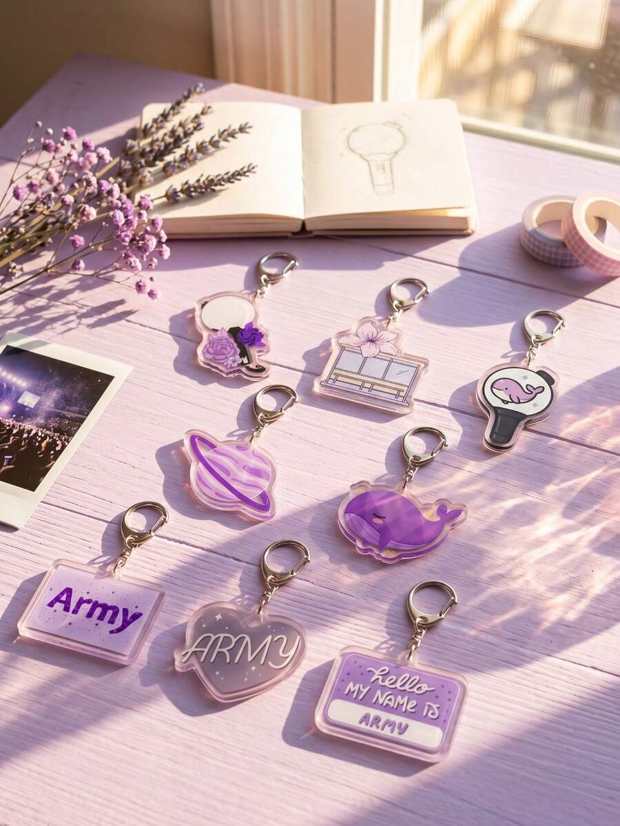 1Pc/8Pcs BangTang K-Pop Theme Fan Support Pattern Keychain, Cute Asymmetrical Shape Metal Clasp Functional Bag Decoration, Suitable For Fan Meetings, Concert Support, Birthday Gifts, Student Backpack Decoration, Peripheral Collection, Holiday Celebration And All-Season Use - Multicolor - View 1