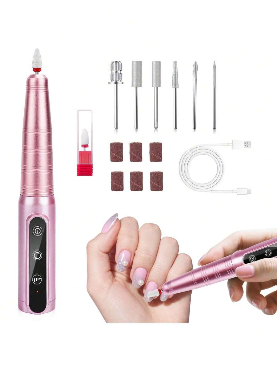 LKE USB Electric Nail Drill, 20000RPM Low‑Noise Forward Reverse Efile, Portable Machine With Nail Bits & Sand Bands, For Acrylic Gel Manicure Pedicure Home Salon, Ideal Birthday & Graduation Gift For Nail Lovers, Practical Tool For Fall Manicure - 珊瑚粉 - 查看 1