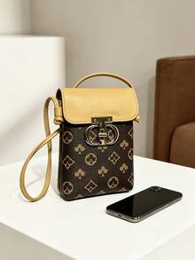Vintage Geometric Heart Pattern Women's Mini Crossbody Phone Bag, Retro Colorblock Print Vertical Phone Bag With Top Handle - Coffee Brown - View 9