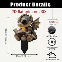 2D Flat Printed Acrylic Garden Stake, 1pc, With Pointed Base, Cute Reading Dragon Design For Garden And Flower Pot Decoration, Ideal Yard Decor And Gift, Peel Off Protective Film Before Use, Suitable For All Seasons - A - View 6