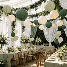 12Pcs Green Sage Paper Lantern Set, Suitable For Bohemian Style Decoration, Jungle Party, Wedding, Birthday, Garden Decoration, Picnic, Camping And Other Diverse Scenes Hanging Paper Lantern Atmosphere Decoration - Round - View 1