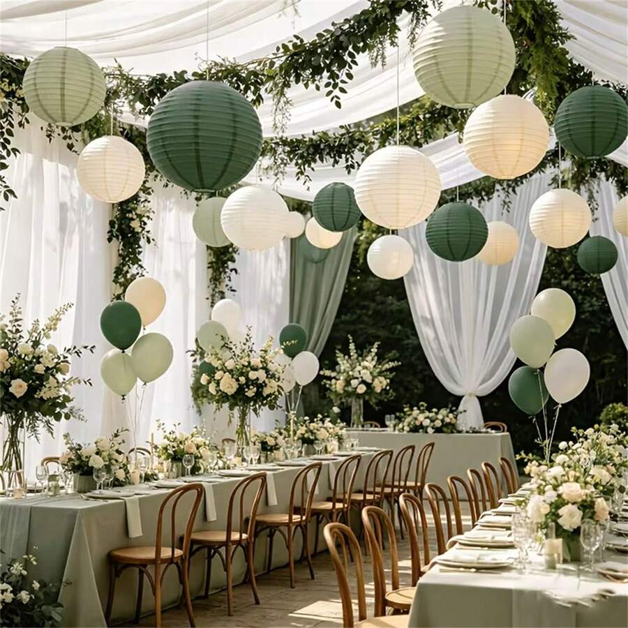 12Pcs Green Sage Paper Lantern Set, Suitable For Bohemian Style Decoration, Jungle Party, Wedding, Birthday, Garden Decoration, Picnic, Camping And Other Diverse Scenes Hanging Paper Lantern Atmosphere Decoration - Round - View 1