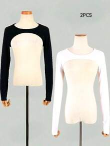 2pcs Summer Versatile Solid Color Shoulder Sleeve Covers, Comfortable Fitted Short Bolero Fake Collar, Office Wear Or Campus Style Fashionable Elegant Sleeve Collar, Black, Long Sleeve, Suitable For Daily Wear - Raglan Sleeve Two-pack - View 1