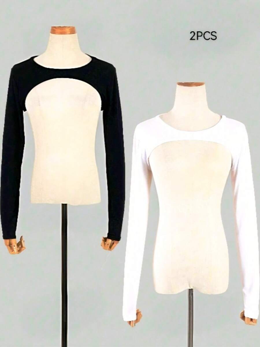 2pcs Summer Versatile Solid Color Shoulder Sleeve Covers, Comfortable Fitted Short Bolero Fake Collar, Office Wear Or Campus Style Fashionable Elegant Sleeve Collar, Black, Long Sleeve, Suitable For Daily Wear - Raglan Sleeve Two-pack - View 1