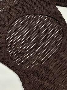 Women's Solid Color Sexy Hollow-Out Backless Sheer Beach Vacation Knit Long Sleeve Cover-Up Mini Dress, Spring/Summer, Resort Wear - Chocolate Brown - View 9